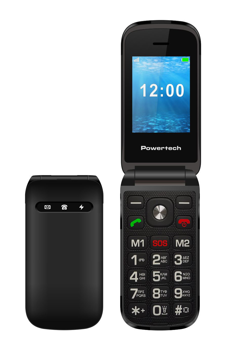 POWERTECH κινητό τηλέφωνο Milly Flip, 2.4", dual SIM, πλήκτρο SOS, μαύρο