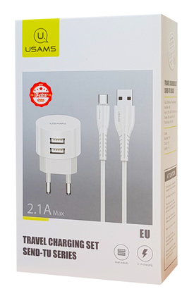 USAMS φορτιστής τοίχου T20 & καλώδιο type-C, 2x USB, 2.1A, λευκός