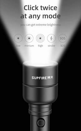 SUPFIRE φορητός φακός Y16, 20W, 1700lm, 350m, 2x 4000mAh, IP46