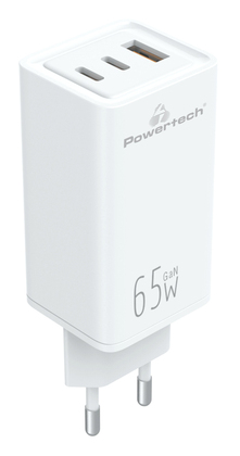 POWERTECH φορτιστής τοίχου PT-1094, USB & 2x USB-C, 65W, GaN, λευκός