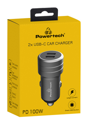 POWERTECH φορτιστής αυτοκινήτου PT-1149, 2x USB-C, 100W PD, γκρι