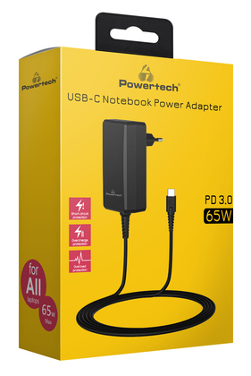 POWERTECH τροφοδοτικό laptop PT-1156, USB-C PD, universal, 65W, μαύρο