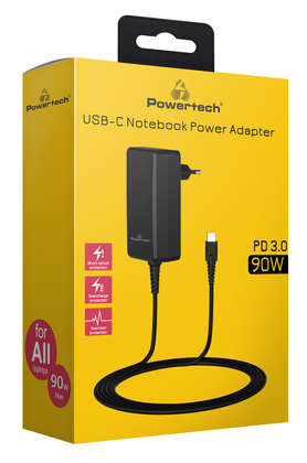 POWERTECH τροφοδοτικό laptop PT-1157, USB-C PD, universal, 90W, μαύρο
