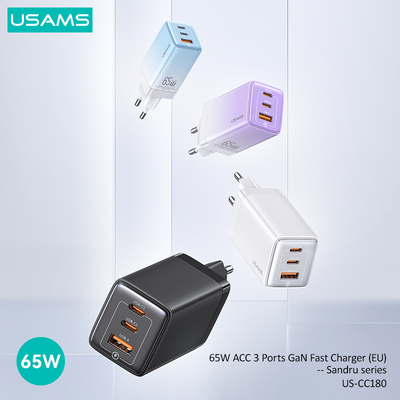 USAMS φορτιστής τοίχου US-CC180, USB & 2x USB-C, 65W PD, GaN, μωβ