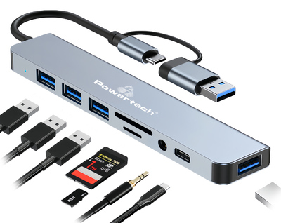 POWERTECH USB hub PTR-0151 με card reader, 8 θυρών, USB & USB-C, γκρι