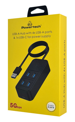 POWERTECH USB 3.2 hub PTR-0157, 4x θυρών, 5Gbps, USB σύνδεση, 1m, μαύρο
