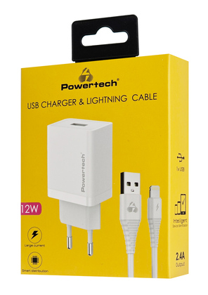 POWERTECH φορτιστής τοίχου PT-1323 με καλώδιο Lightning, USB, 12W, λευκός