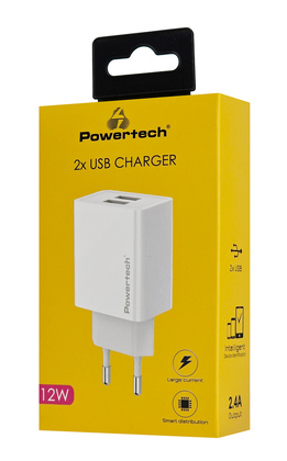 POWERTECH φορτιστής τοίχου PT-1321, 2x USB, 12W, λευκός