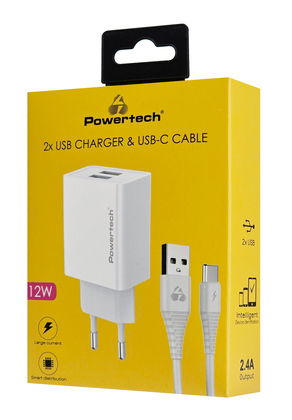 POWERTECH φορτιστής τοίχου PT-1324 με καλώδιο USB-C, 2x USB, 12W, λευκός