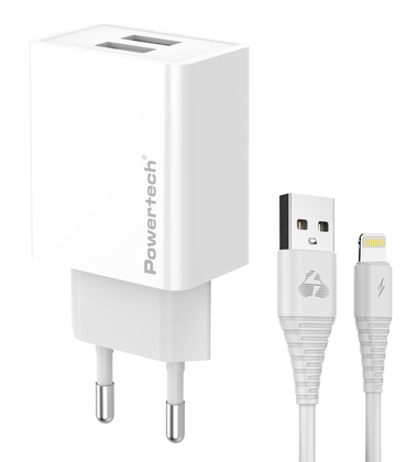 POWERTECH φορτιστής τοίχου PT-1325 με καλώδιο Lightning, 2x USB, 12W, λευκός