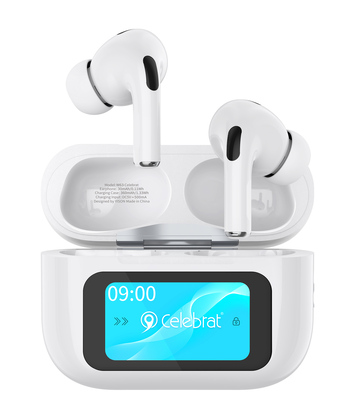 CELEBRAT earphones με θήκη φόρτισης W63, οθόνη αφής, TWS, ANC, 13mm, 30/360mAh, λευκό