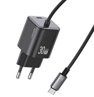 USAMS φορτιστής τοίχου CC264 με καλώδιο, USB-C, 30W, GaN, μαύρος