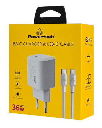 POWERTECH φορτιστής τοίχου PT-1350 με καλώδιο, USB-C, 36W, GaN, λευκός