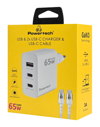 POWERTECH φορτιστής τοίχου PT-1378 με καλώδιο, USB/2x USB-C, 65W, GaN, λευκός